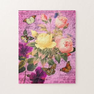 Puzzle Rosas y mariposas vintage coloridas rosadas y amar