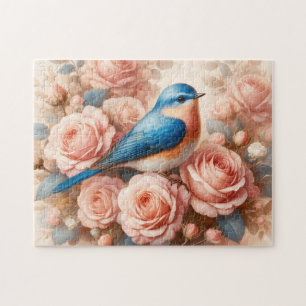 Puzzle Roses rosadas de pájaro azul y Rubor