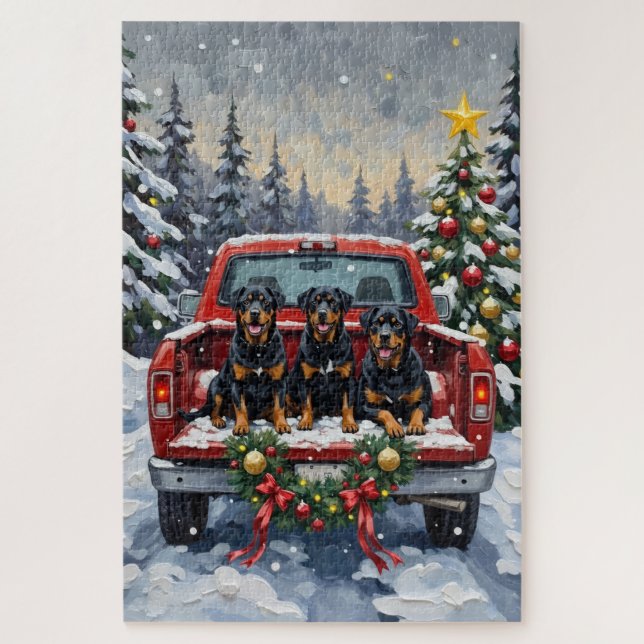 Puzzle Rottweiler Christmas Red Truck Holiday (Vertical)