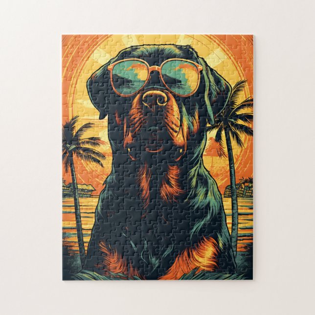 Puzzle Rottweiler con gafas de sol en la playa (Vertical)