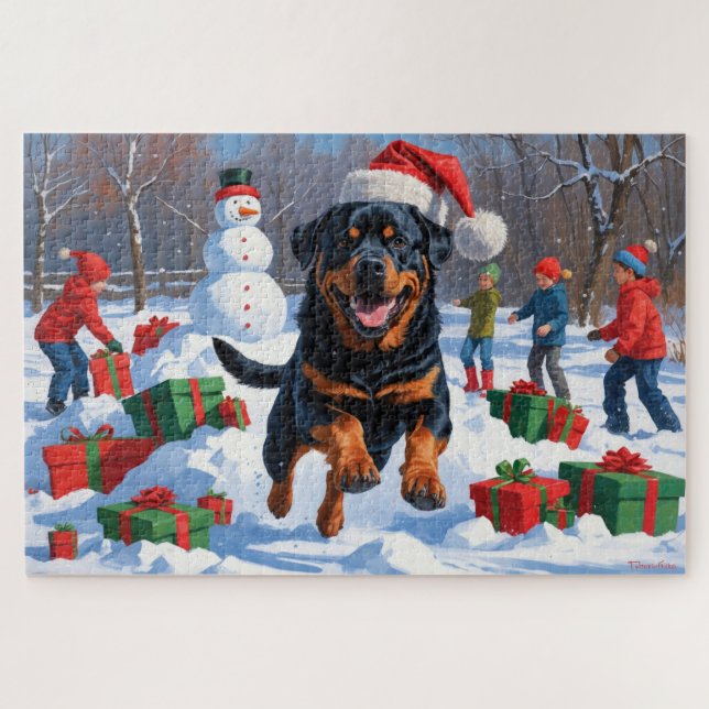 Puzzle Rottweiler Corriendo en Nieve con Gorra de Navidad (Horizontal)