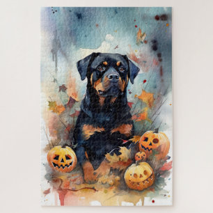 Puzzle Rottweiler de Halloween con calabazas aterradoras