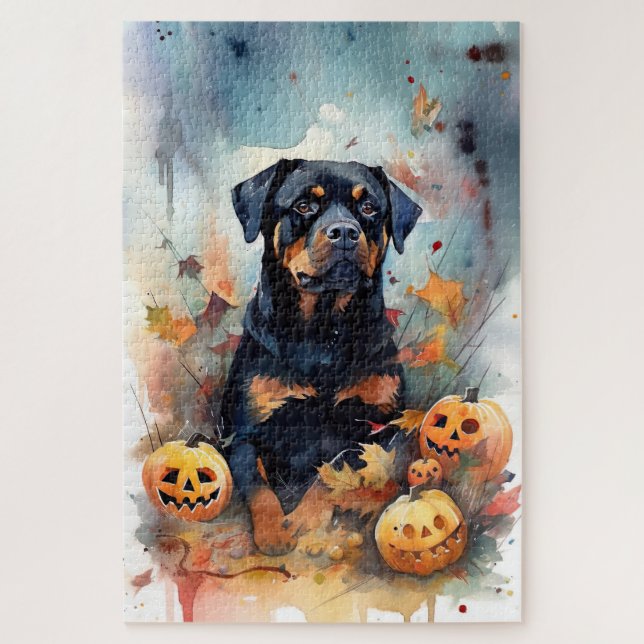 Puzzle Rottweiler de Halloween con calabazas aterradoras (Vertical)