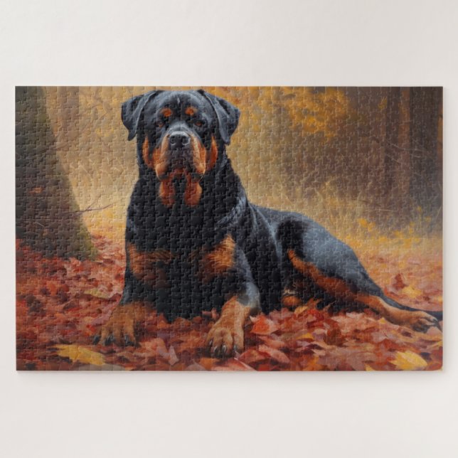 Puzzle Rottweiler en hojas de otoño inspira caída (Horizontal)
