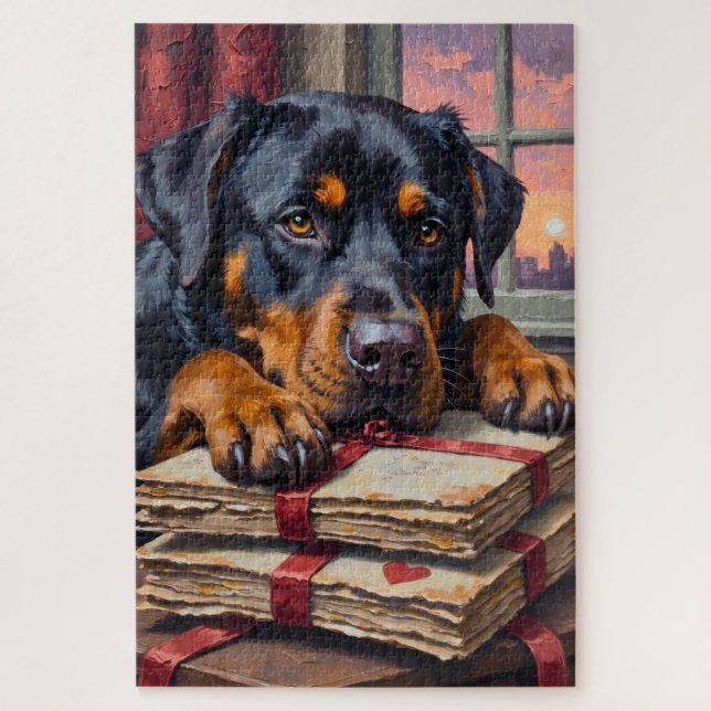 Puzzle Rottweiler Guarding Love Letters Valentine's Day (Vertical)