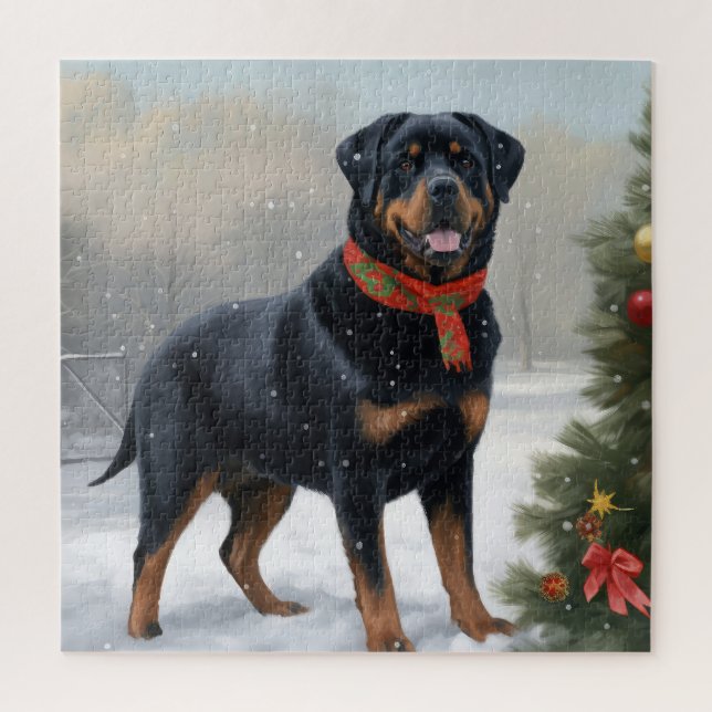 Puzzle Rottweiler Perro en Navidad Nieve (Vertical)