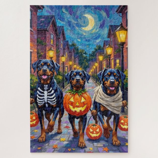 Puzzle Rottweiler Trick-or-Treating In Halloween Costumes (Vertical)