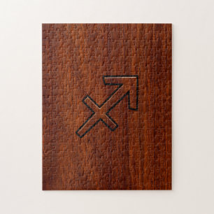 Puzzle Rótulo Sagittarius Zodiac en estilo caoba