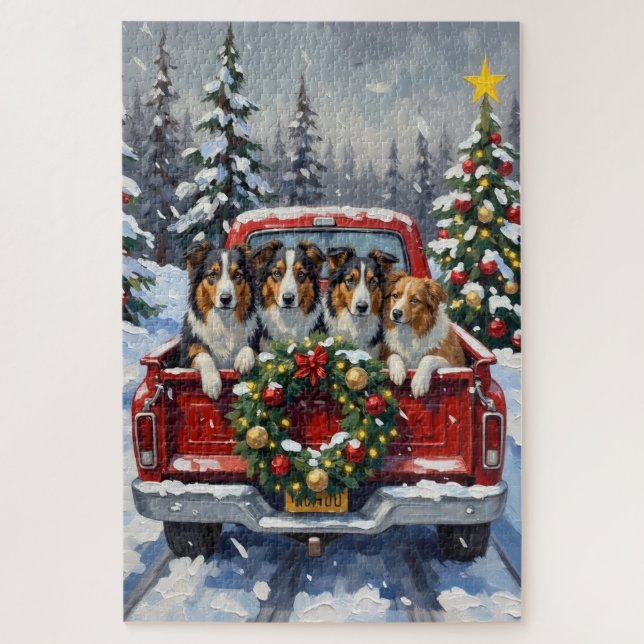 Puzzle Rough Collie Christmas Red Truck Holiday (Vertical)