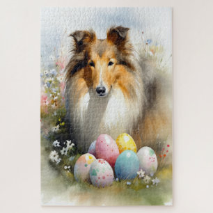 Puzzle Rough Collie Dog with Easter Eggs Holiday