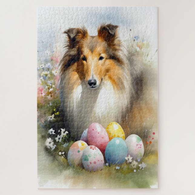 Puzzle Rough Collie Dog with Easter Eggs Holiday (Vertical)