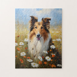 Puzzle Rough Collie en campo de flores