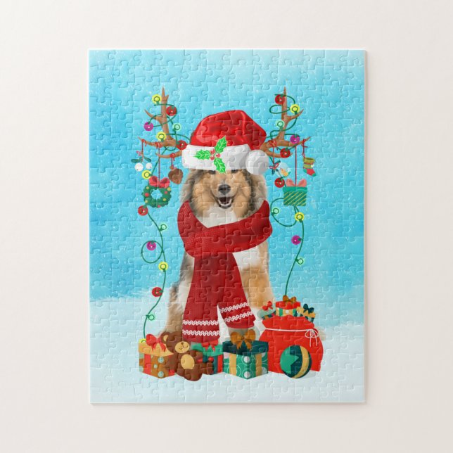 Puzzle Rough Collie en la nieve con regalos de Navidades (Vertical)