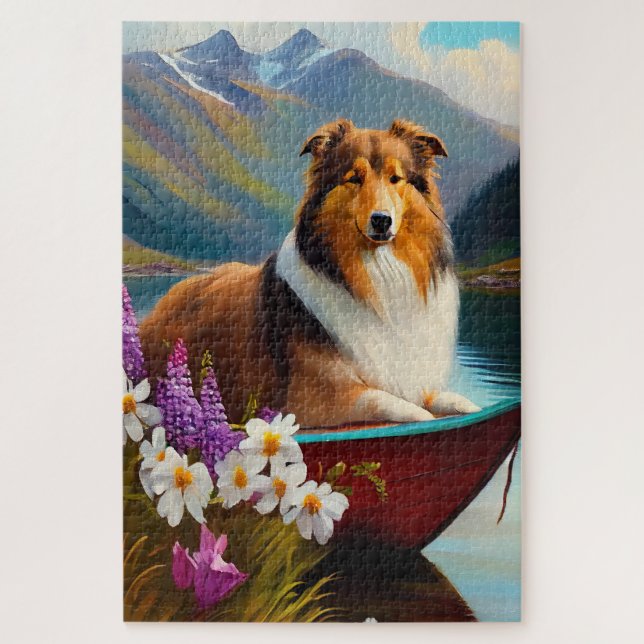 Puzzle Rough Collie on a Paddle: Una aventura panorámica (Vertical)