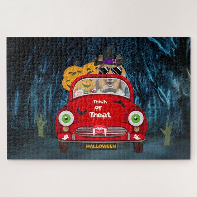Puzzle Rough Collie Perro Conduciendo Coche Espeluznante  (Horizontal)