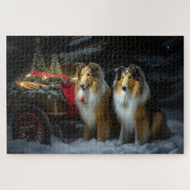 Puzzle Rough Collie Snowy Sleigh Navidades Decoración (Horizontal)