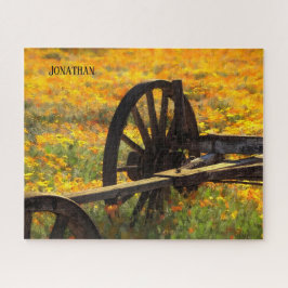 Puzzle Rueda de vagón rústica / Flores silvestres amarill
