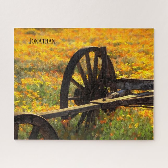 Puzzle Rueda de vagón rústica / Flores silvestres amarill (Horizontal)