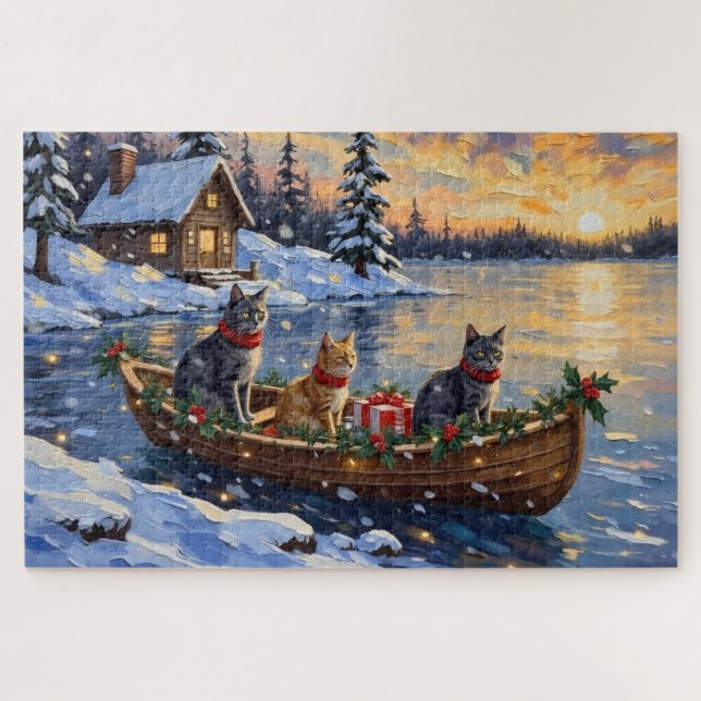 Puzzle Russian Blue Cat Christmas Boat Holiday (Horizontal)