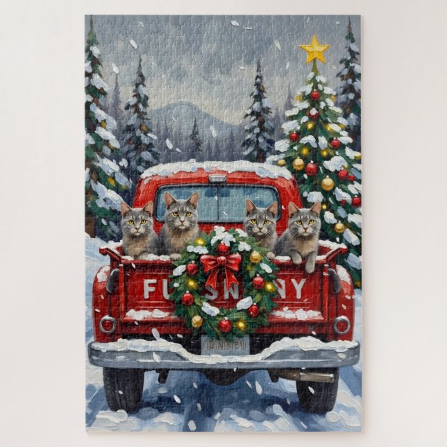 Puzzle Russian Blue Cat Christmas Red Truck Holiday (Vertical)