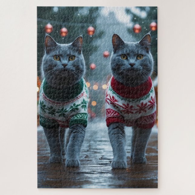 Puzzle Russian Blue Cats Christmas Snow Holiday  (Vertical)