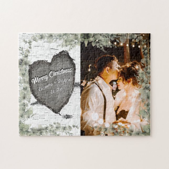 Puzzle Rustic Bark Wood Heart Eucalyptus Greenery  (Horizontal)