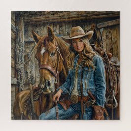 Puzzle Rustic Cowgirl in Denim with Horse Western Barn