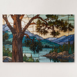 Puzzle Rustic mountain range landscape stain glass 