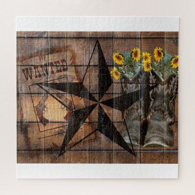 Puzzle Rustic Texas Star Western Pistol Cowboy Boots (Horizontal)