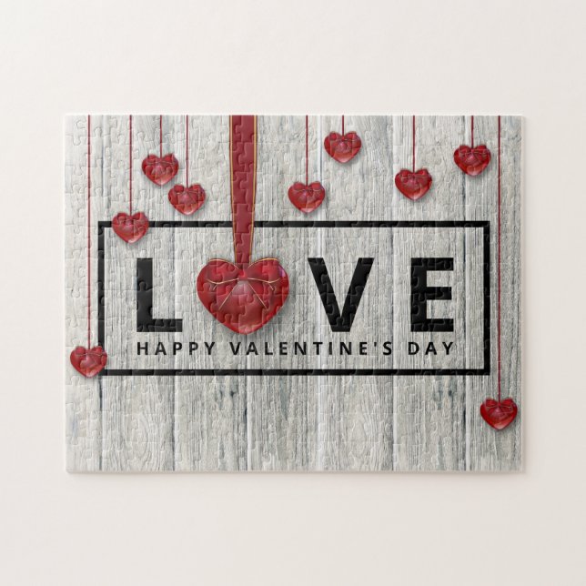 Puzzle Rustic Wood Modern El día de San Valentín LOVE Red (Horizontal)