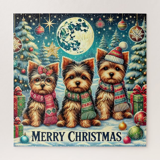 Puzzle Rústico Vintage Christmas Terrier Yorkshire Dog (Vertical)