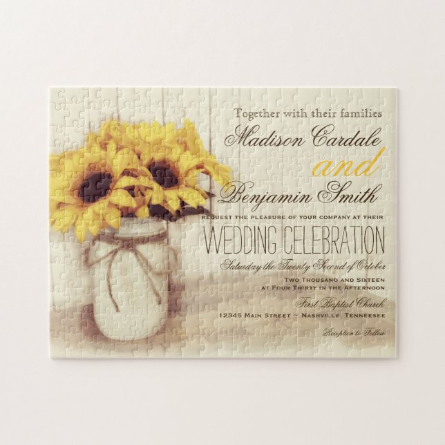 Puzzle Rústicos girasoles Mason Jar Wedding Invitan al ro (Horizontal)