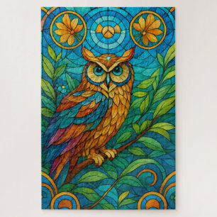 Puzzle Sabiduría en búho de vidrio emplomado con flores