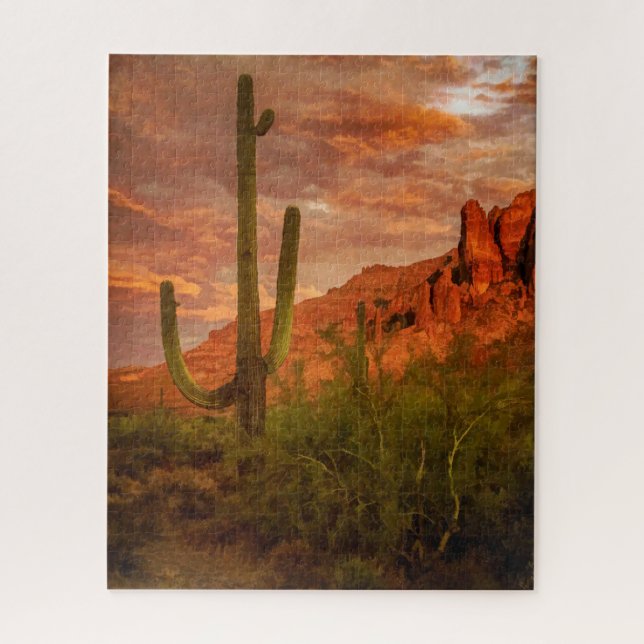 Puzzle Saguaro Cactus Superstis Mountain Sunset Art (Vertical)