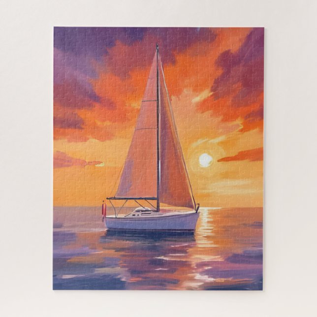Puzzle Sailing at Sunset | Coastal Ocean Painting (Vertical)
