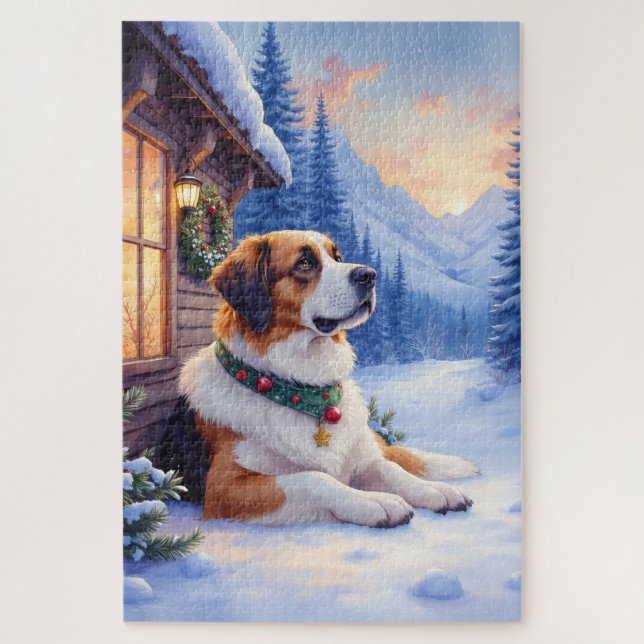 Puzzle Saint Bernard Snowy Mountain Lodge Christmas Dog (Vertical)