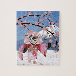 Puzzle Sakura Geisha Pájaro en la Nieve Flor de Cerezo
