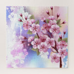 Puzzle Sakura rosa sobre fondo de pintura<br><div class="desc">Dibujado artísticamente,  rama de rosa,  flores de cerezo sobre fondo pintoresco,  texturizado,  pintado con pintura blanca,  rosa y azul. Pink Sakura</div>