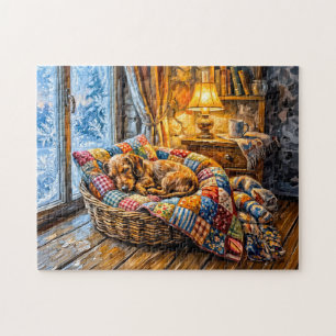 Puzzle Salchicha descansando en una cesta acogedora junto