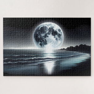 Puzzle Salida de luna surrealista sobre la tranquila oril
