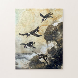 Puzzle Salto al Mar - Pingüinos Africanos, Arte Japonés