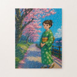 Puzzle Salto bajo flores de cerezo - Kimono japonés
