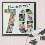 Puzzle Saludos a 70 años Número 70 Collage de fotos Plaza<br><div class="desc">Saluda a 70 años con un rompecabezas fotográfico personalizado por un regalo de cumpleaños número 70. La plantilla de fotos está configurada para que agregue las fotos que se mostrarán en la forma de un número 70. El collage de fotos tiene una variedad de fotos de paisajes, cuadrados y retratos,...</div>