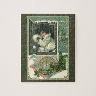 Puzzle Saludos de Año Nuevo Vintage, Ventana de niña vict
