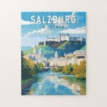 Puzzle Salzburgo Austria Viaje de arte<br><div class="desc">Diseño de viaje vectorial retro de Salzburgo. Salzburgo es una ciudad austríaca situada en la frontera con Alemania, con vistas a los Alpes orientales. La ciudad está dividida por el río Salzach, con edificios medievales y barrocos del peatón Altstadt (Ciudad Vieja) a su orilla izquierda, frente a la Neustadt (Ciudad...</div>