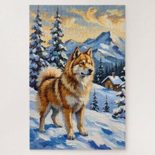 Puzzle Samoyed antiguo en paisaje alpino de Navidad