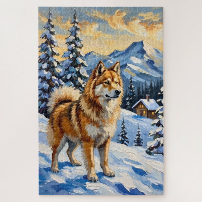 Puzzle Samoyed antiguo en paisaje alpino de Navidad (Vertical)
