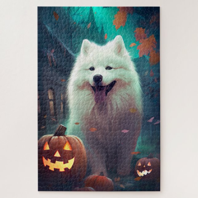 Puzzle Samoyed de Halloween con calabazas aterrador (Vertical)