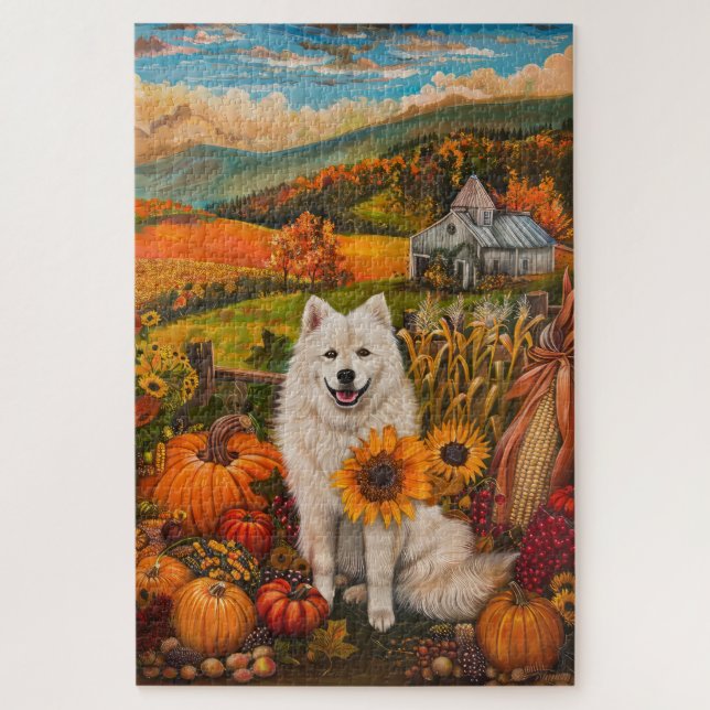 Puzzle Samoyed Dog Autumn Harvest Thanksending (Vertical)