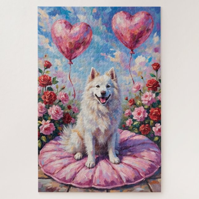 Puzzle Samoyed Dog Valentine's Day Rose Picnic (Vertical)